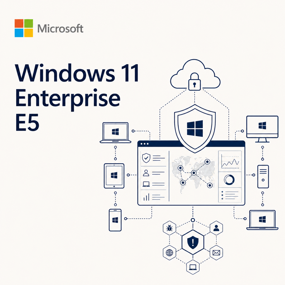Microsoft Windows 11 Enterprise E5 promotional graphic on a light beige background, featuring the Microsoft logo, product name text, and a central illustrated cloud-security dashboard with connected devices and security icons.