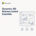 Microsoft Dynamics 365 Business Central Essentials promotional graphic on a light gray background, with the Microsoft logo, product title text, and a simple line-art interface illustration showing charts, data, and settings.