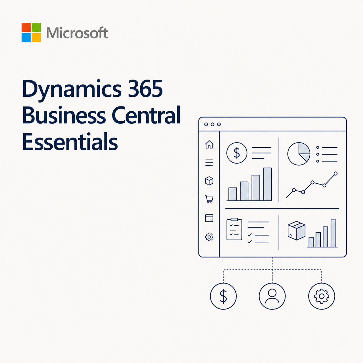 Microsoft Dynamics 365 Business Central Essentials promotional graphic on a light gray background, with the Microsoft logo, product title text, and a simple line-art interface illustration showing charts, data, and settings.