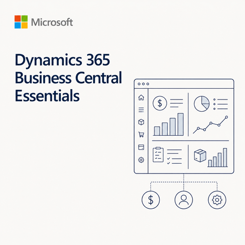 Microsoft Dynamics 365 Business Central Essentials promotional graphic on a light gray background, with the Microsoft logo, product title text, and a simple line-art interface illustration showing charts, data, and settings.
