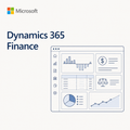 Microsoft Dynamics 365 Finance branding on a light gray background, with the Microsoft logo at top left and a blue line-drawn dashboard interface preview at right.