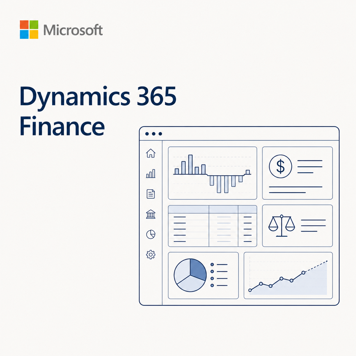 Microsoft Dynamics 365 Finance branding on a light gray background, with the Microsoft logo at top left and a blue line-drawn dashboard interface preview at right.