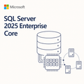 Microsoft branding and the text 'SQL Server 2025 Enterprise Core' above a simple line drawing of a database server, processor, and connected client machines on a light cream background.