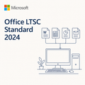 Microsoft Office LTSC Standard 2024 promotional graphic on a light warm-gray background, with the Microsoft logo at top left and blue line drawings of a desktop computer, keyboard, mouse, monitor, files, and an envelope.