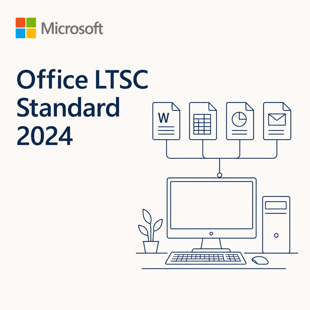 Microsoft Office LTSC Standard 2024 promotional graphic on a light warm-gray background, with the Microsoft logo at top left and blue line drawings of a desktop computer, keyboard, mouse, monitor, files, and an envelope.