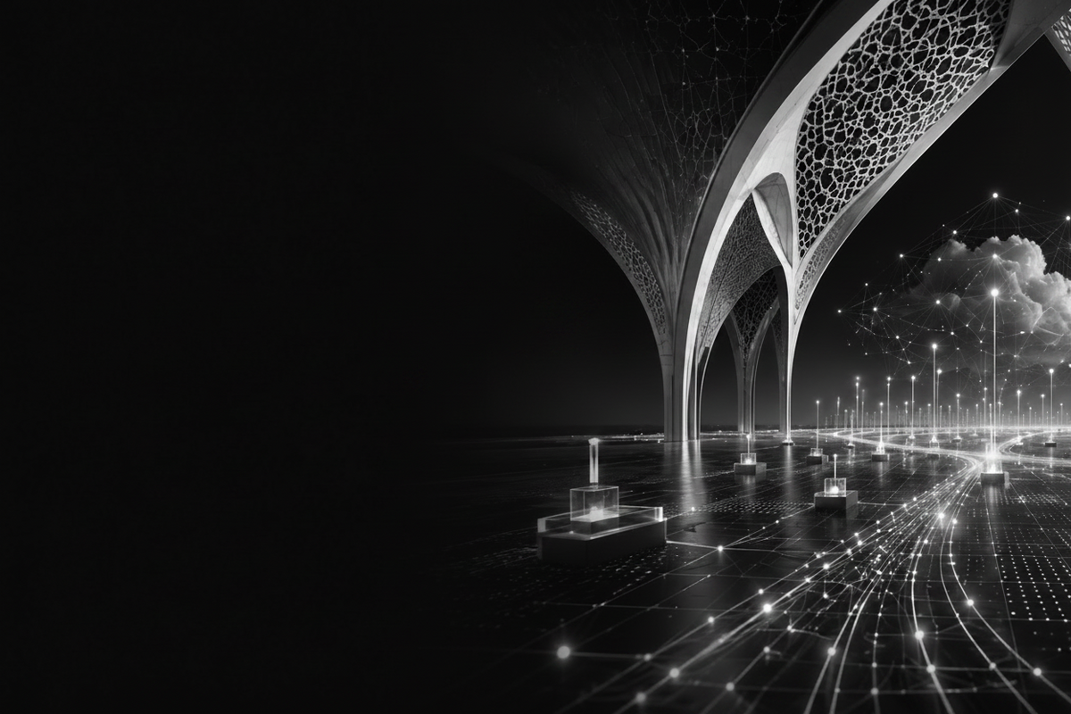 Promotional graphic for Skunkworks Qatar featuring white text on a black background with a futuristic monochrome architectural scene and glowing light paths.