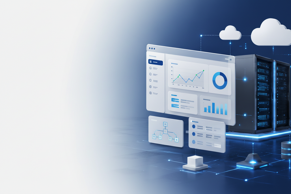 Promotional graphic for enterprise technology and data services, featuring a large server rack, floating dashboard screens with charts and graphs, cloud icons, and the text 'Enterprise technology, simplified.' on a clean light gray background.