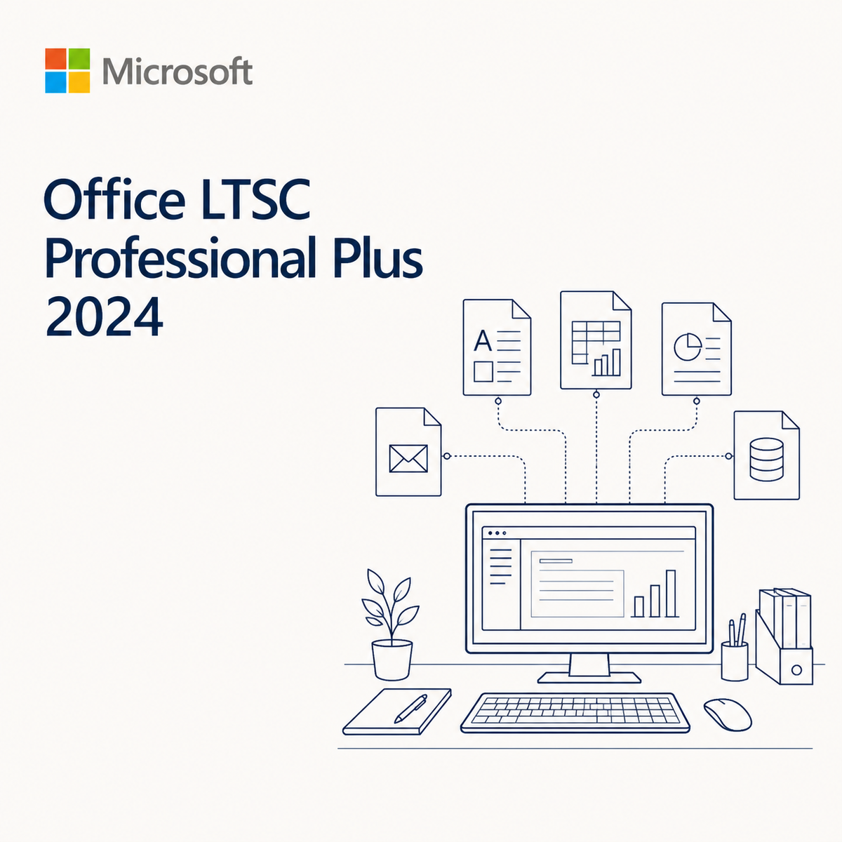 Microsoft Office LTSC Professional Plus 2024 promotional graphic on a light warm-gray background, with the Microsoft logo at top left and a line-drawn computer setup with documents and office items at bottom right.