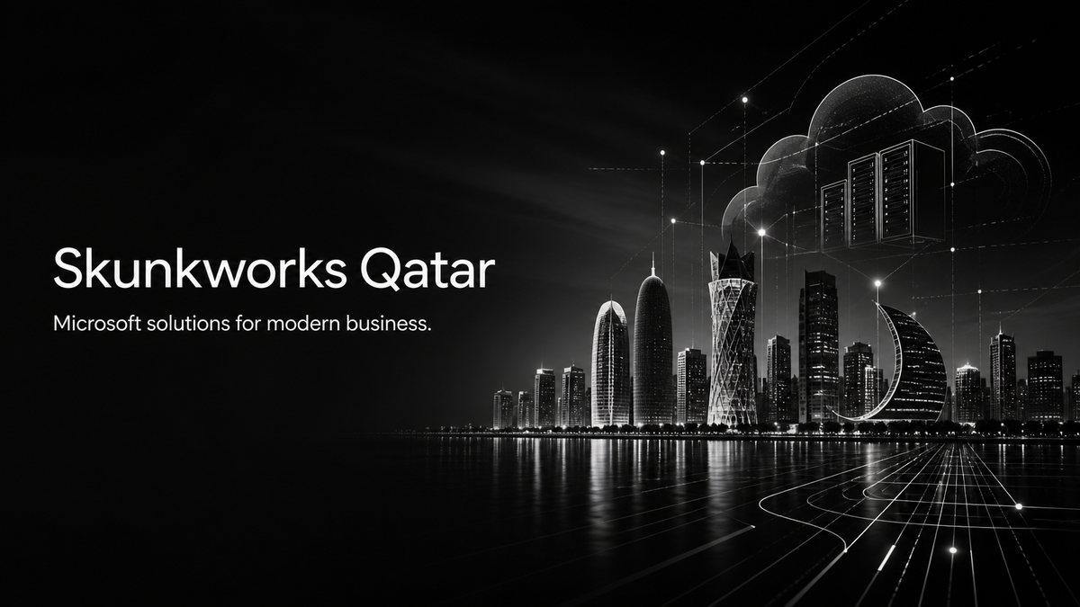Black and white promotional graphic for Skunkworks Qatar, featuring a futuristic city skyline at night with glowing buildings, cloud shapes, and overlaid digital network lines. White text on the left reads 'Skunkworks Qatar' and 'Microsoft solutions for modern business.