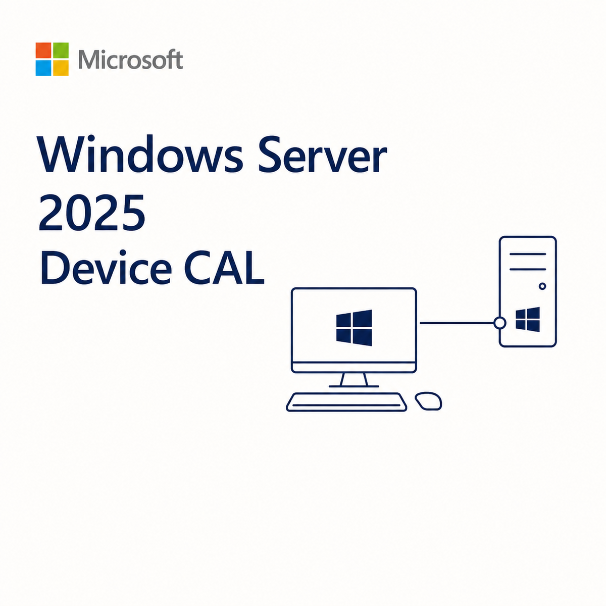 Microsoft Windows Server 2025 Device CAL graphic with the Microsoft logo, large product text, and a simple line drawing of a computer and server on a white background.