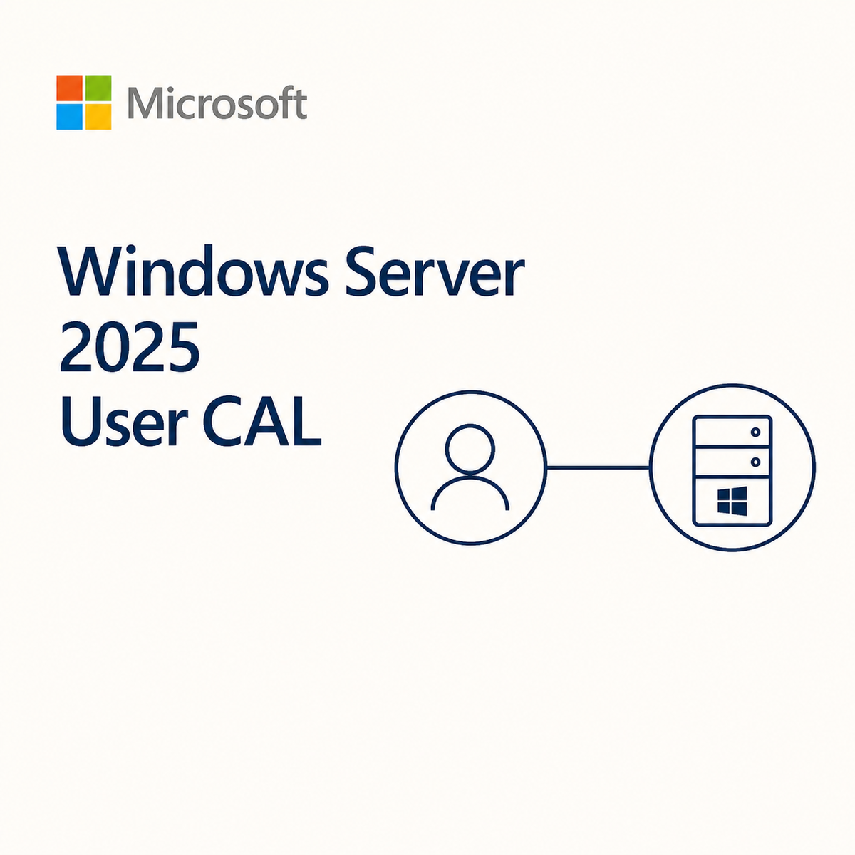 Microsoft Windows Server 2025 User CAL graphic with the Microsoft logo, product title text, and simple server and user icons on a light background.