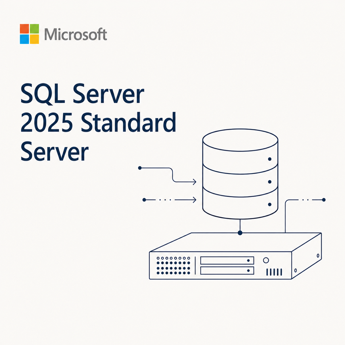 Microsoft SQL Server 2025 Standard Server promotional graphic with the Microsoft logo, large product name text, and a simple line drawing of a server and database cylinder on a light background.