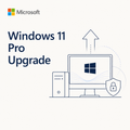 Microsoft Windows 11 Pro Upgrade graphic with the Microsoft logo, large text reading 'Windows 11 Pro Upgrade,' and a simple line drawing of a computer, tower, arrow, and security shield on a light beige background.