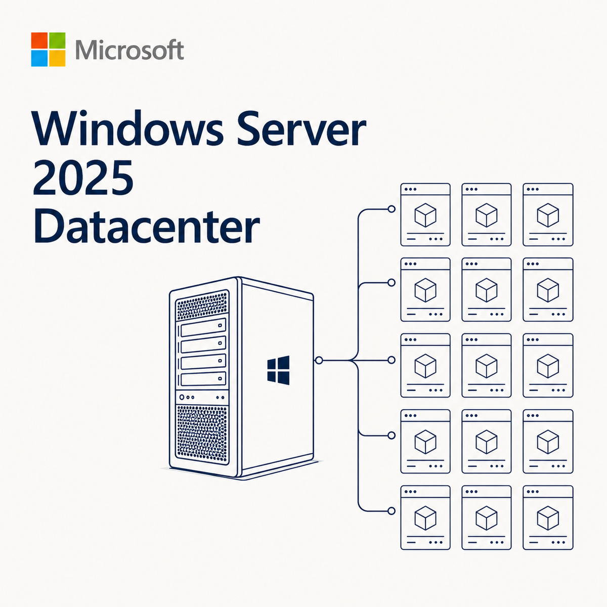 Microsoft Windows Server 2025 Datacenter graphic showing a blue line-art server tower connected to multiple virtual machine windows on a light gray background.