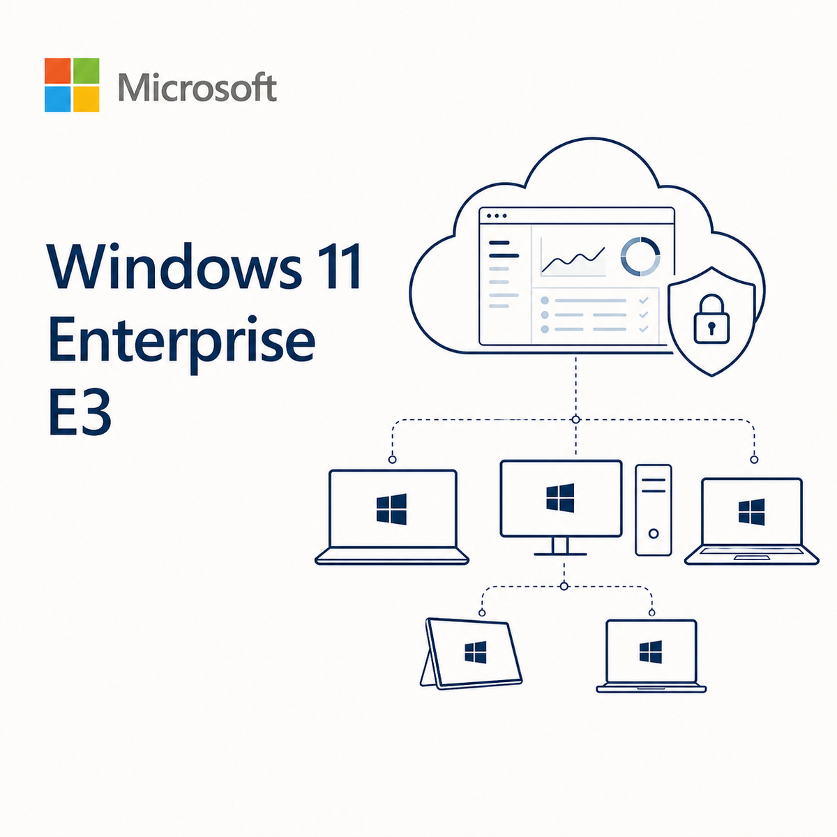 Microsoft Windows 11 Enterprise E3 promotional graphic with the Microsoft logo, product name text, and a cloud illustration connected to multiple devices including laptops, a desktop monitor, a tower, and tablets on a light background.
