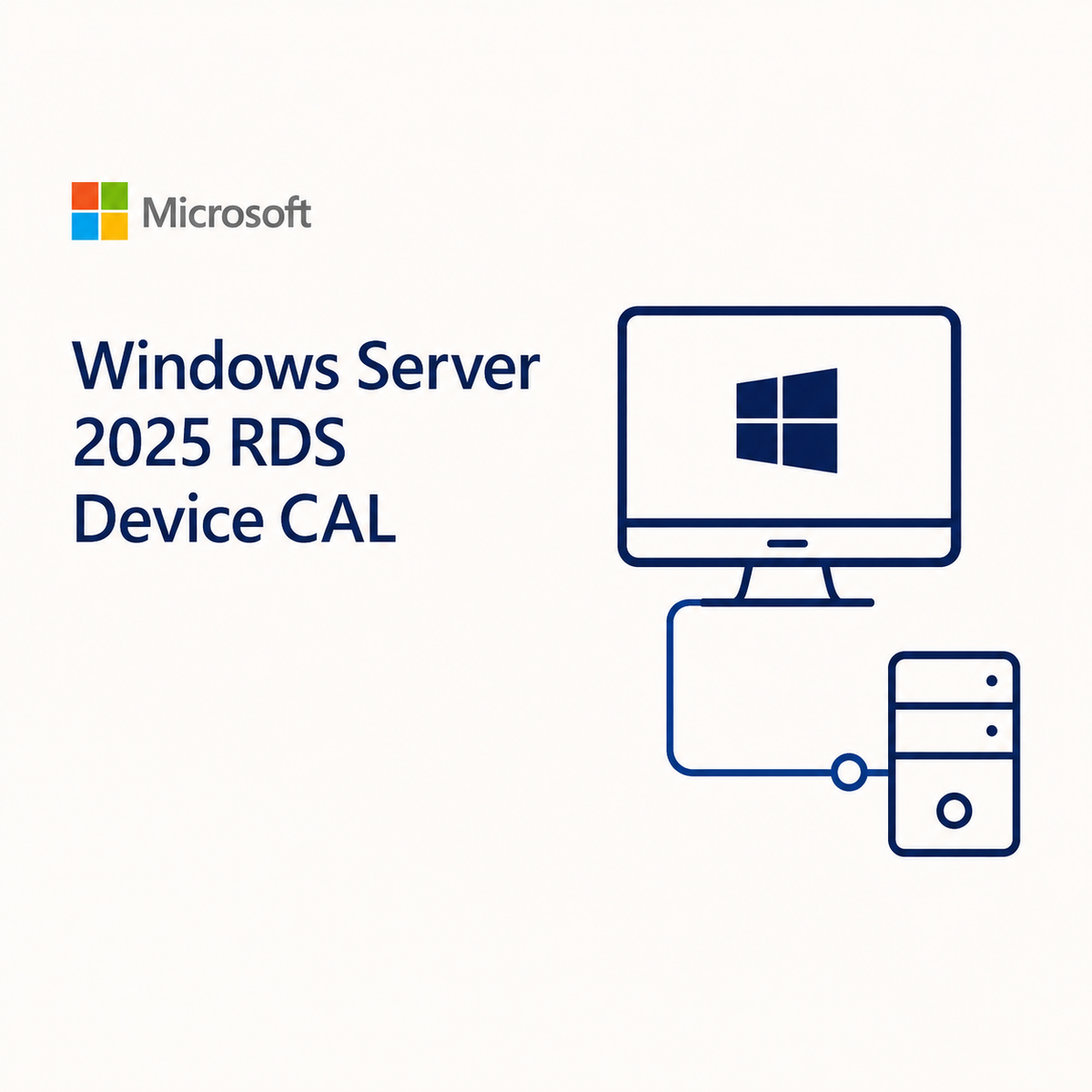 Microsoft Windows Server 2025 RDS Device CAL graphic with a computer monitor and server icon illustration on a light background.