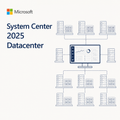 Microsoft System Center 2025 Datacenter graphic showing a central computer monitor connected to multiple server racks in a network diagram on a light gray background.
