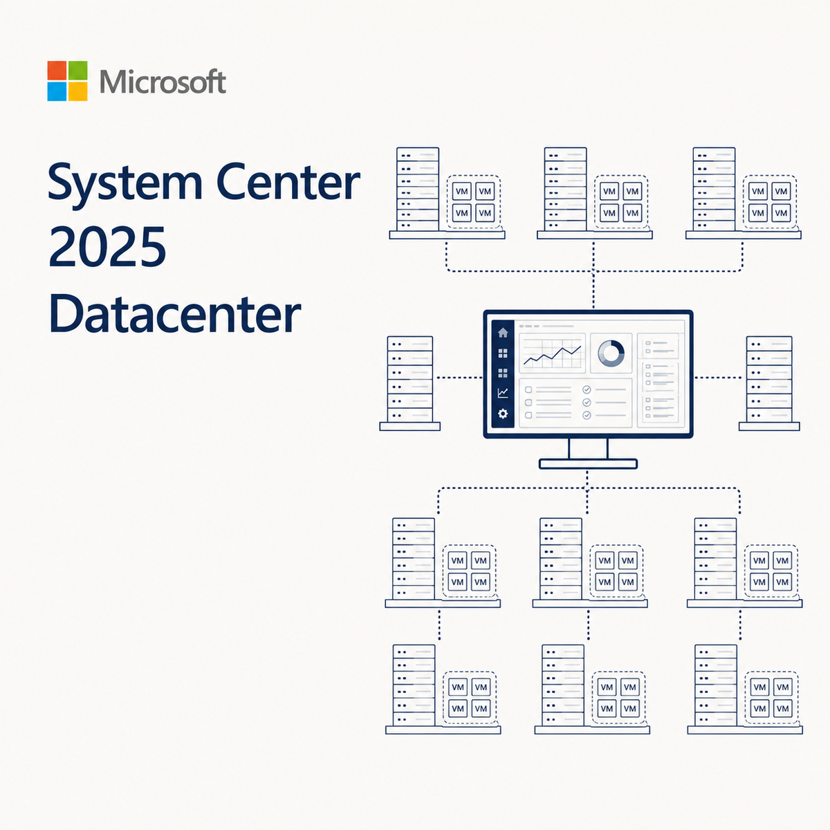 Microsoft System Center 2025 Datacenter graphic showing a central computer monitor connected to multiple server racks in a network diagram on a light gray background.